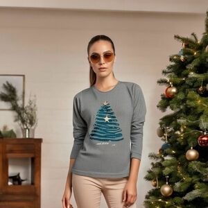 Old Navy Essential Rib Knit Long Sleeve Xmas Tree Shirt Gray Women L